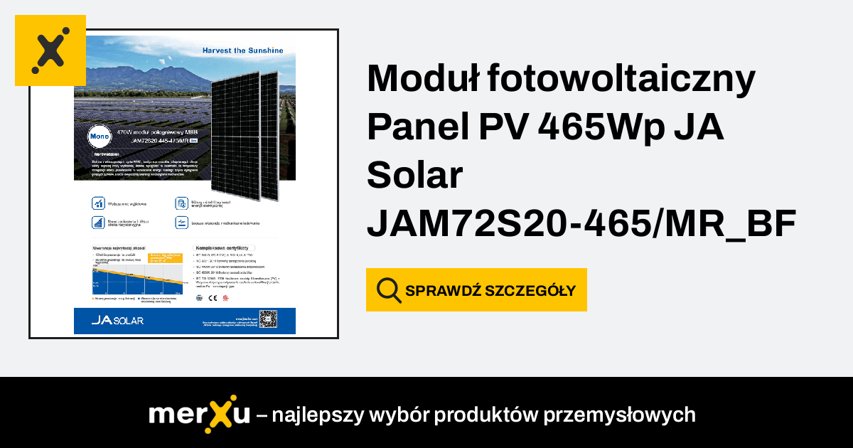 JaSolar Moduł fotowoltaiczny Panel PV 465Wp JA Solar JAM72S20 465 MR BF