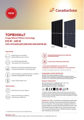 Photovoltaic module Canadian Solar TOPBiHiKu7 CS7L-630TB-AG 630W