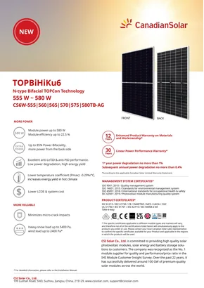 Module photovoltaïque Canadian Solar TOPBiHiKu6 CS6W-555TB-AG 555W