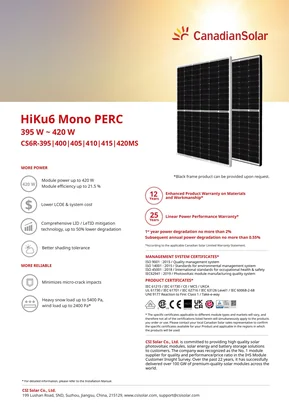 Фотоволтаичен модул Canadian Solar HiKu6 CS6R-405MS 405W Сребърен