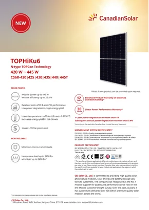 Fotovoltaický modul Canadian Solar TOPHiKu6 CS6R-425T 425W Stříbrná