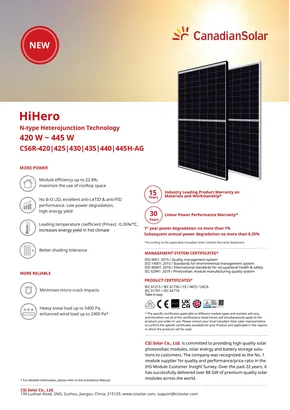Module photovoltaïque Canadian Solar HiHero CS6R430H-AG 430W Argent