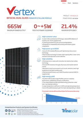 Modulo fotovoltaico Trina Vertex (Dual Bifacial) TSM-DEG21C.20 655W 655W