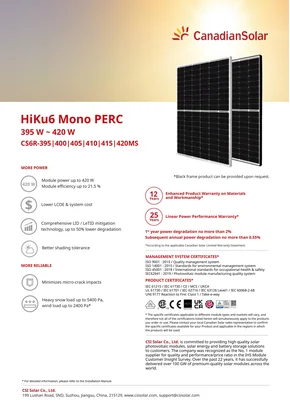 Photovoltaic module Canadian Solar HiKu6 CS6R-400MS 400W Black