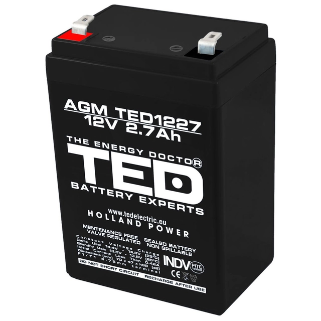 AGM VRLA battery 12V 2,7A size 70mm x 47mm xh 98mm F1 TED Battery Expert Holland TED003119 (20)