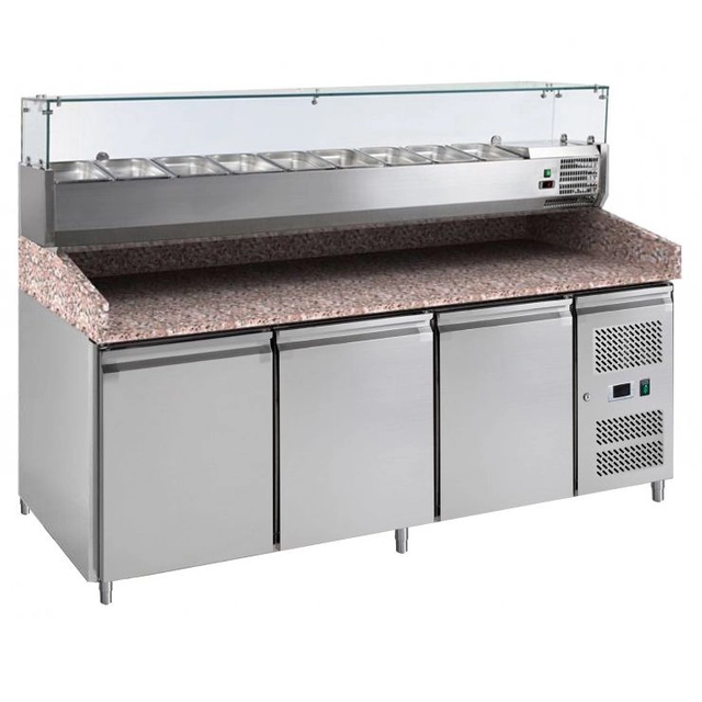 Refrigerated pizza counter with 3 door granite top and 9xGN1/3-os top cooler