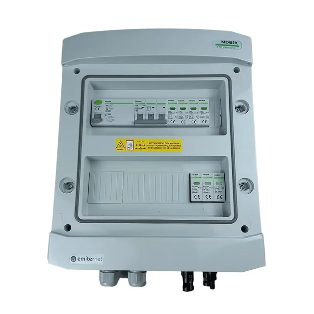 PV switchboard connectionDCAC hermetic IP65 EMITER with DC surge arrester Noark 1000V type 2, 1 x PV chain, 1 x MPPT // limit.AC Noark type 2, 10A 3-F, RCD type A 40A/300mA