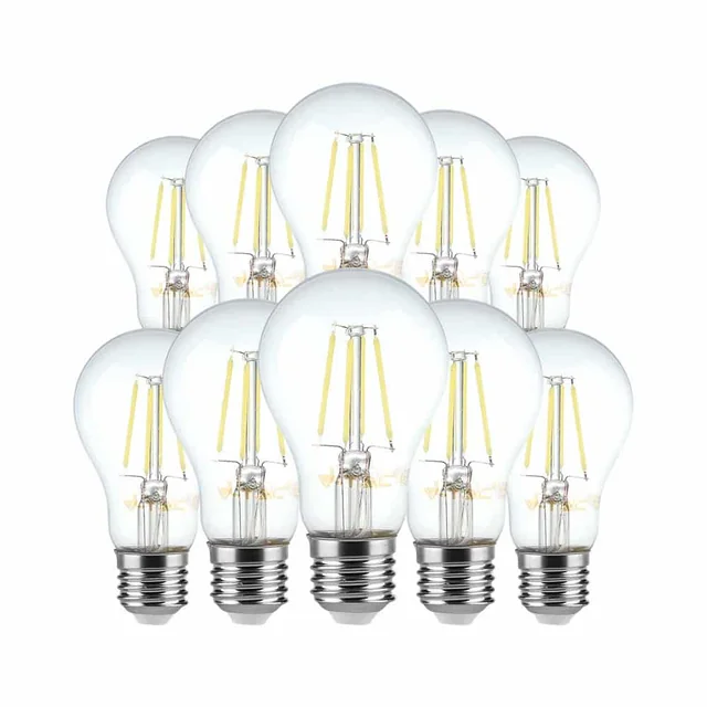 10 Confezione E27 Lampadine LED trasparenti - Filamento - A60 - IP20 - 6W - 600 Lumen - 3000K