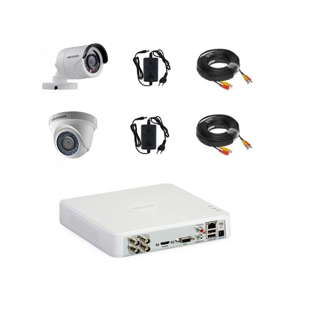 Full mixed video surveillance camera system 2 Hikvision full hd cameras with IR 20 m plug and play, DVR 4 channels, accessories