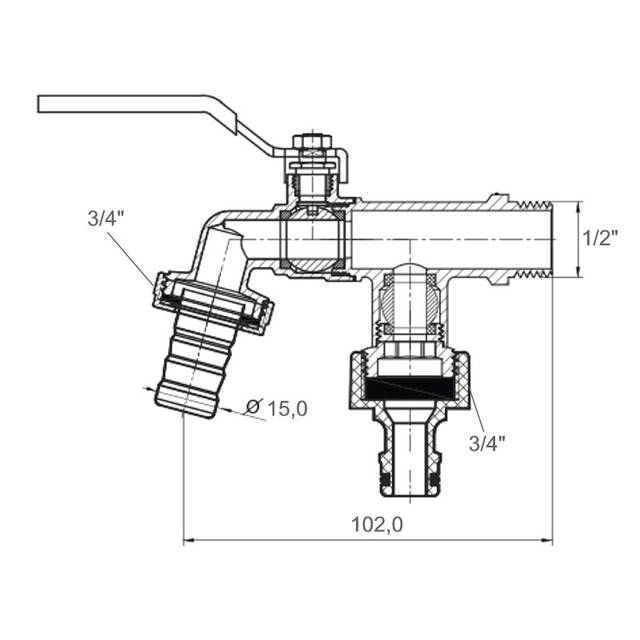 1/2 "x 3/4" x 3/4 "drawing ball valve, double