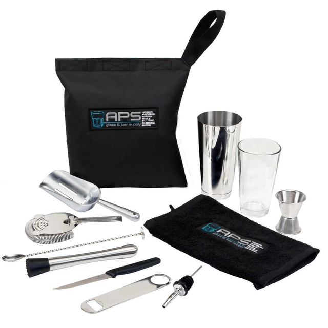 13 APS Glass & Bar Supply bartender set in a black bartender bag with APSTORB handle