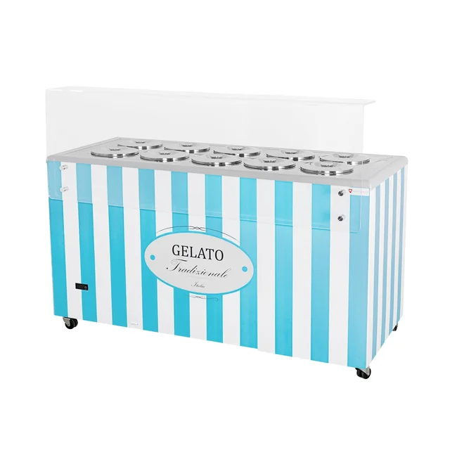 Ice cream dispenser | conservator | retro | 10 tub | round cuvettes | 1503x670x895 mm | GELATO POZETTI 10 BLUE