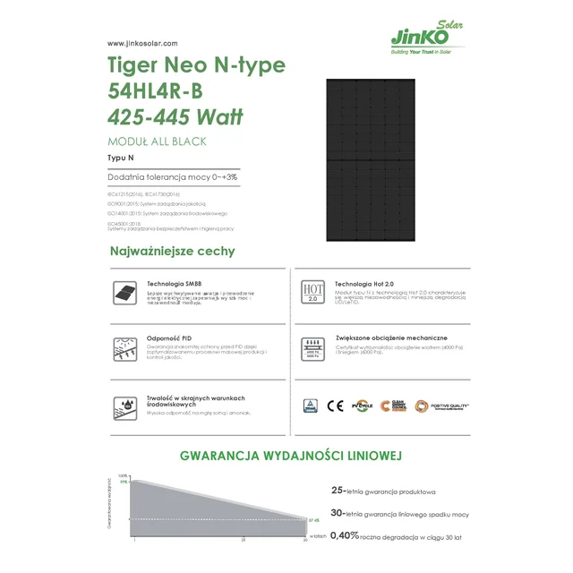 Photovoltaic module PV panel 440Wp Jinko JKM440N-54HL4R-B Tiger Neo N-type Full Black