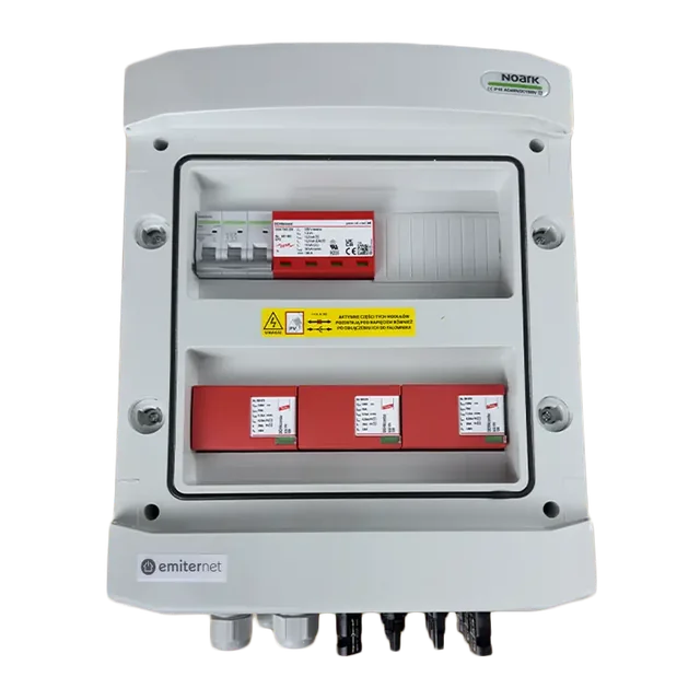 PV switchboard connectionDCAC hermetic IP65 EMITER with DC surge arrester Dehn 1000V type 1+2, 3 x PV chain, 3 x MPPT // limit.AC Dehn type 1+2, 40A 3-F