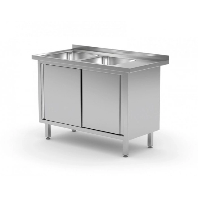 Table with two sinks, cabinet with sliding doors - compartments on the left side 1300 x 600 x 850 mm POLGAST 227136-L 227136-L