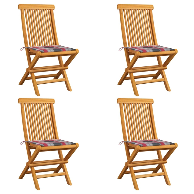 Garden chairs with red checked cushions, 4 pcs, teak