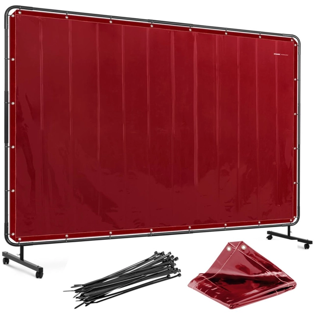 Protective welding curtain screen with wheeled frame 239 x 175 cm - red