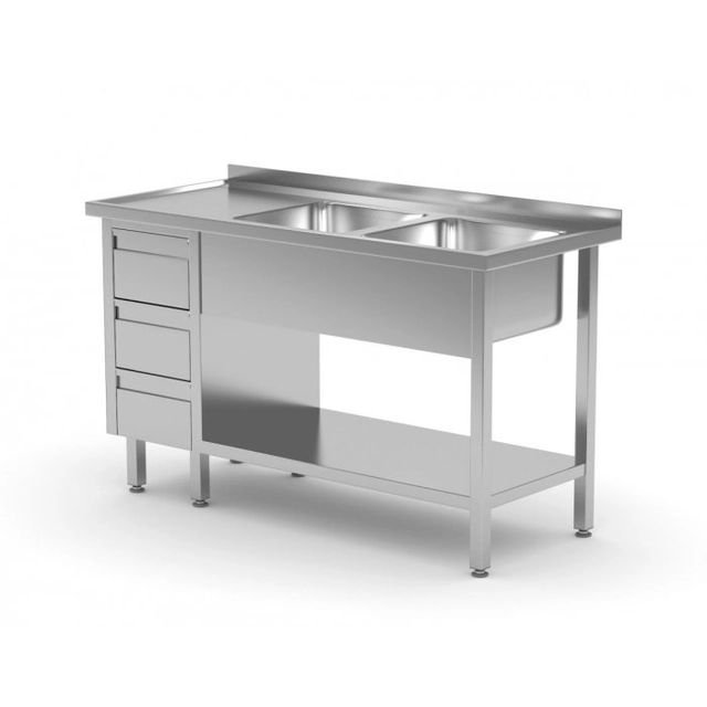 Table with two sinks, a shelf and a cabinet with three drawers - compartments on the right side 2000 x 600 x 850 mm POLGAST 225206-3-P 225206-3-P