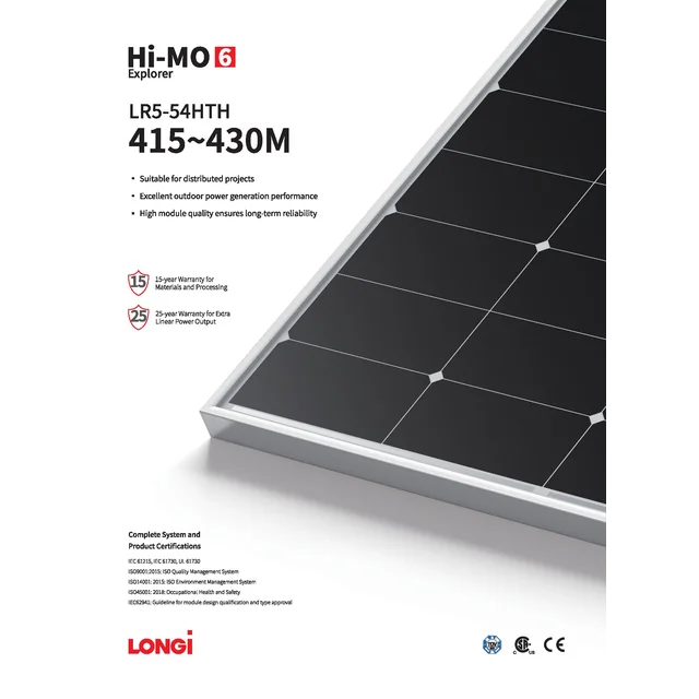 Photovoltaic module PV panel 425Wp Longi Solar LR5-54HTH-425M Hi-MO 6 Explorer Black Frame Black frame