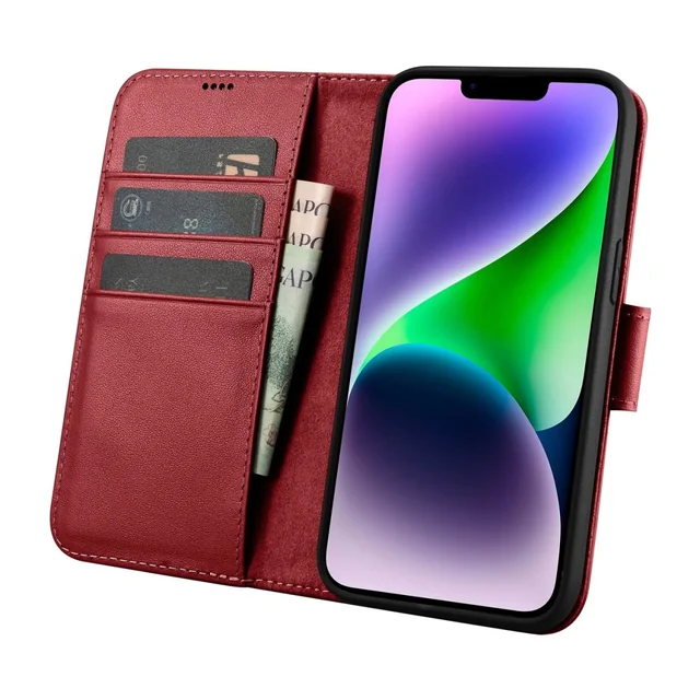 2w1 Ādas pārsegs ar pārslēdzamu iPhone 14 Anti-RFID Wallet Case sarkans