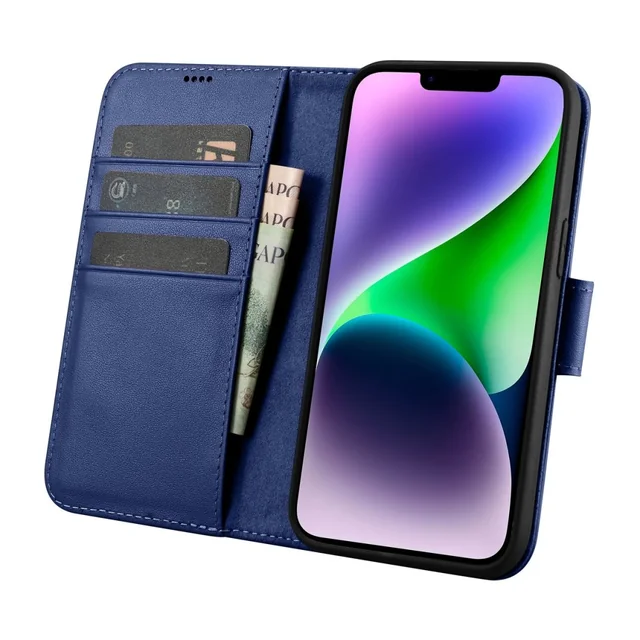 2w1 Ādas pārsegs ar pārslēdzamu iPhone 14 Anti-RFID Wallet Case zils