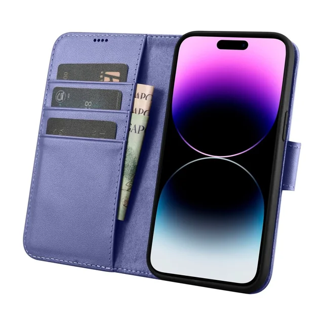 2w1 Ādas pārvalks ar pārslēdzamu iPhone 14 Pro Max Anti-RFID Wallet Case gaiši violets