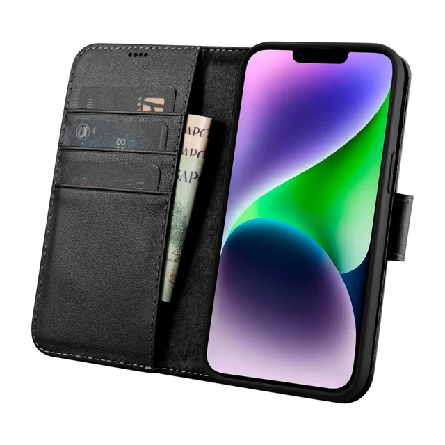 2w1 Bőr borítás felhajtható iPhone-nal 14 Plus Anti-RFID Wallet tok, fekete