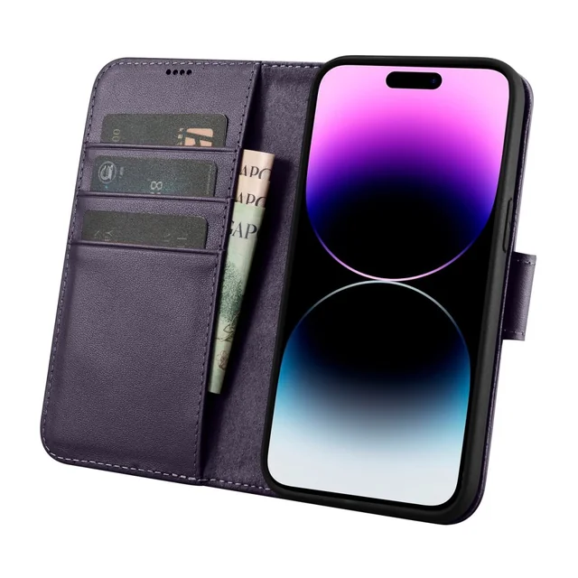 2w1 Bőr borítás felhajtható iPhone-nal 14 Pro Anti-RFID Wallet tok sötétlila