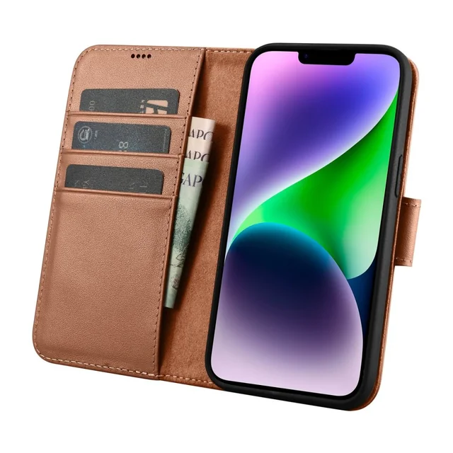 2w1 etui skórzany pokrowiec z klapką iPhone 14 Plus Anti-RFID Wallet Case brązowy