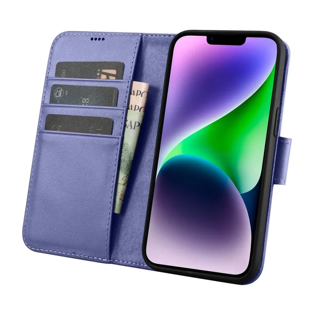 2w1 Funda de cuero con tapa para iPhone 14 Plus Funda tipo billetera anti-RFID violeta claro