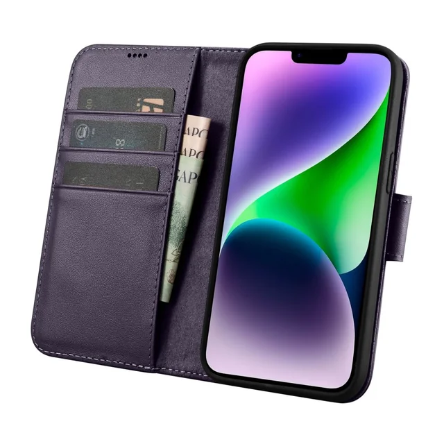2w1 Housse en cuir avec rabat iPhone 14 Etui portefeuille anti-RFID violet foncé