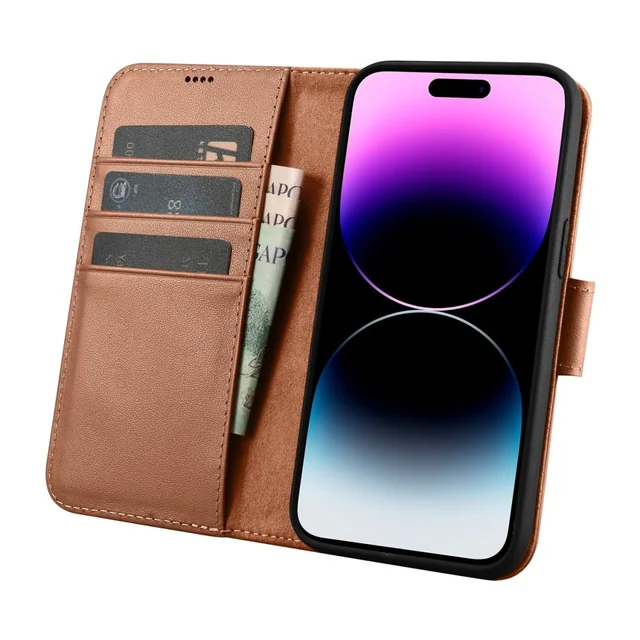 2w1 Кожен калъф с Flip iPhone 14 Pro Anti-RFID Wallet Case Кафяв