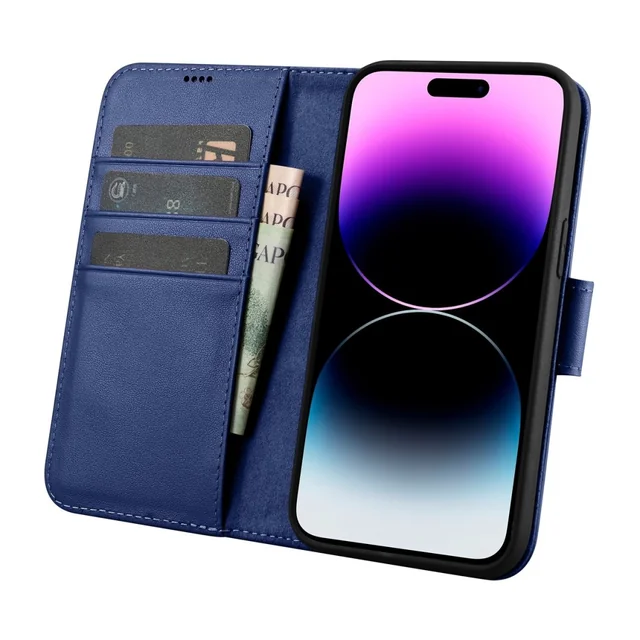 2w1 Кожен калъф с Flip iPhone 14 Pro Max Anti-RFID Wallet Case син