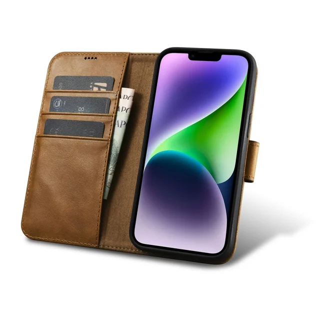 2w1 Kožna maska ​​s preklopnim iPhoneom 14 Anti-RFID Oil Wax Wallet Case svijetlosmeđa