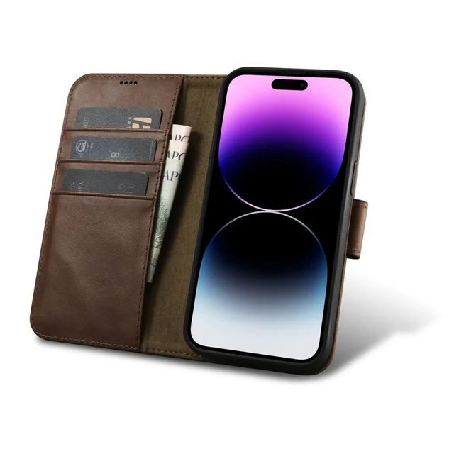 2w1 Kožna maska ​​s preklopnim iPhoneom 14 Pro Max Anti-RFID Oil Wax Wallet Case tamno smeđa