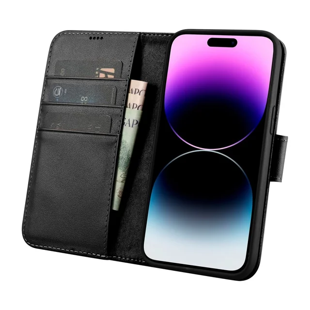 2w1 usnjen ovitek s preklopno torbico za iPhone 14 Pro Anti-RFID Wallet Case, črna