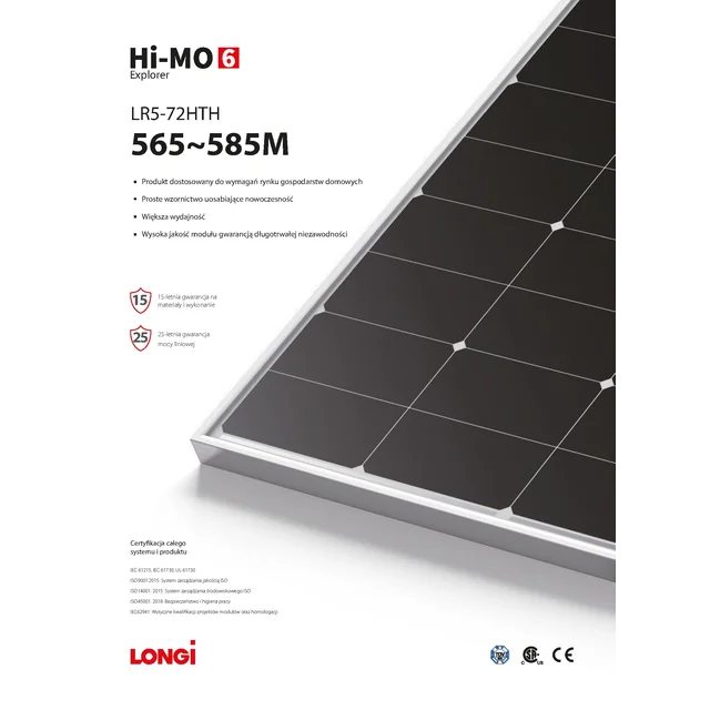 Photovoltaic module PV panel 565W Longi LR5-72HTH-565M Hi-MO 6 Explorer Silver Frame Silver frame