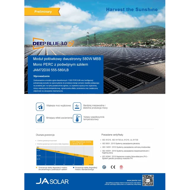 Photovoltaic module PV panel 565Wp JA SOLAR JAM72D30-565/LB_SF Deep Blue 3.0 Pro Glass Glass Bifacial Silver Frame Silver Frame