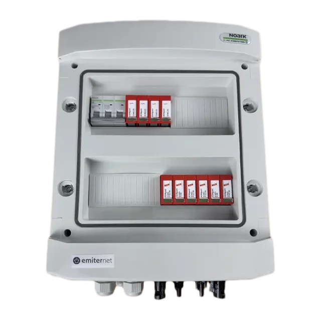 PV switchboard connectionDCAC hermetic IP65 EMITER with DC surge arrester Dehn 1000V type 2, 3 x PV chain, 3 x MPPT // limit.AC Dehn type 2, 63A 3-F