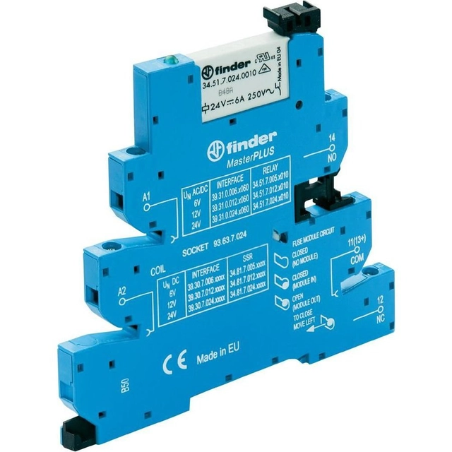 39.31.0.024.0060 Modul spojky relé62mm MasterPLUS 1P 6A 24VAC/DC AgNi kontakty Skrutkové svorky Montáž na DIN lištu 35mm