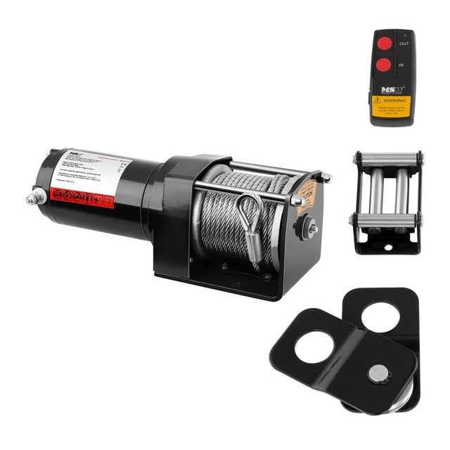 Winch, off road car winch with remote control, rope 12 m, pulling force 1590 kg + Pulley 4 T