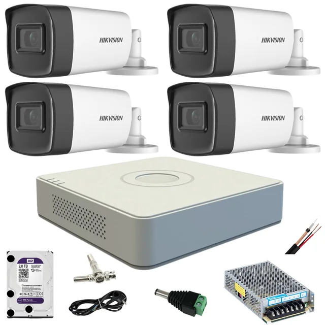 Complete system 4 outdoor surveillance cameras 5MP TurboHD Hikvision IR 40M DVR 4 power supply channels accessories + hard 4TB