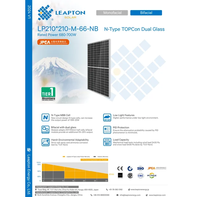 Leapton 690 W LP210-M-66-NB N-Type, TOPCON, Dual Glass, Bifacial