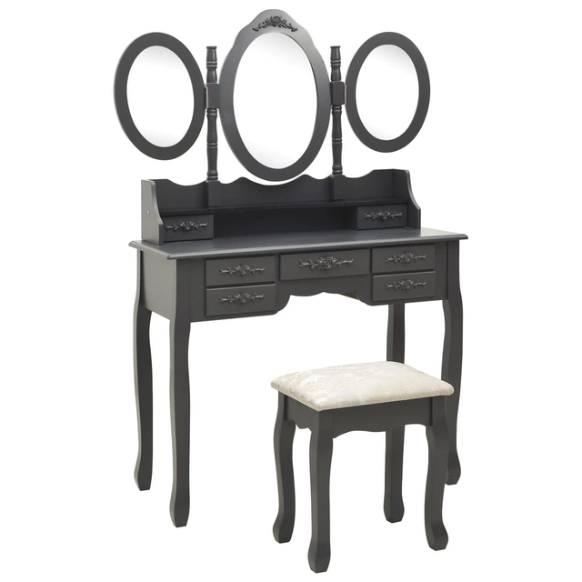 Dressing table with stool and foldable 3-part mirror, gray