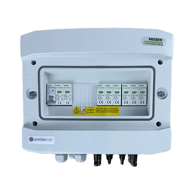 PV switchboard connectionDCAC hermetic IP65 EMITER with DC surge arrester Noark 1000V type 2, 1 x PV chain, 1 x MPPT // limit.AC Noark type 2, 20A 1-F, RCD 100mA