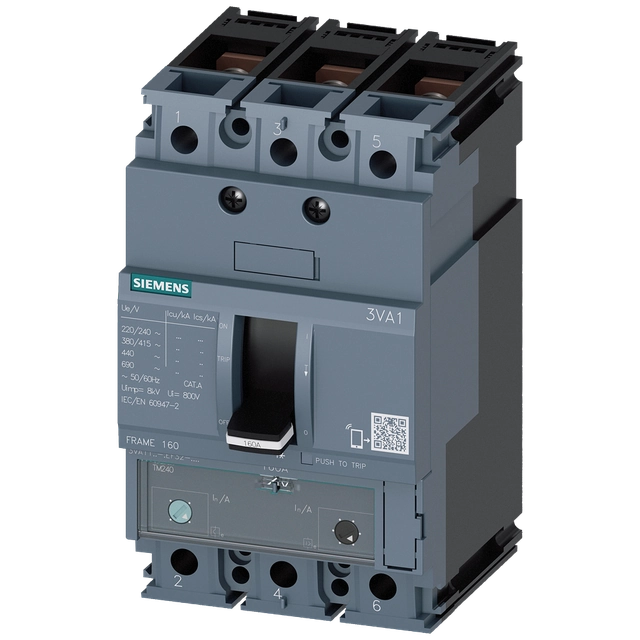 3VA1116-5EF32-0AA0 BREAKER 3VA11 / 3-GEARIN = 160A / CAPABILITYSHORT.ICU = 55KA @ 415V AC / FROM RELEASETHERMAL MAGNETIC TM240 AND INSTALLATION PROTECTION FUNCTIONS LI / ZOVER.IR = 112… 160 A / ZAB.CLOSE IMMEDIATELYII = 800 ... 1600 A / WITHOUT PROTECTION