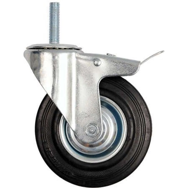 160 MM swivel wheel with black rubber brake and threaded stud, ball bearing