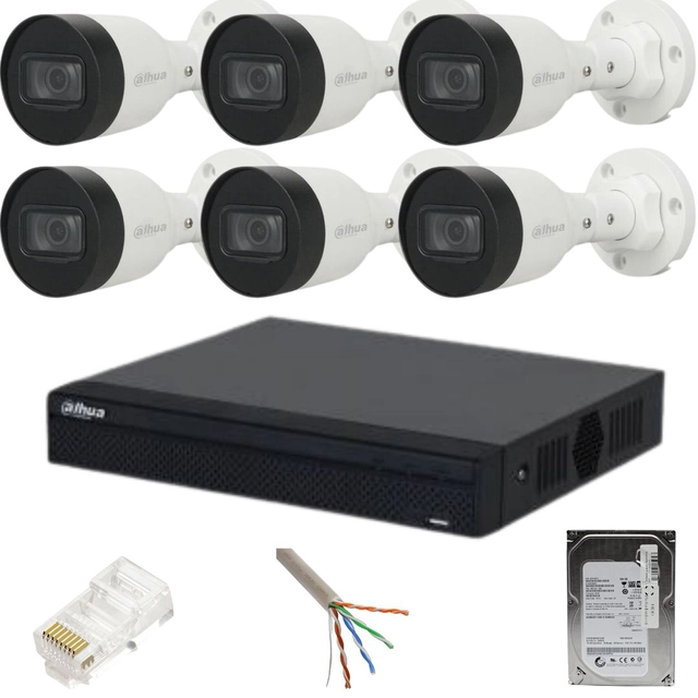 Dahua surveillance system 6 outdoor cameras, IP, 2MP, IR 30M, PoE, Bullet, NVR 8 channels, PoE