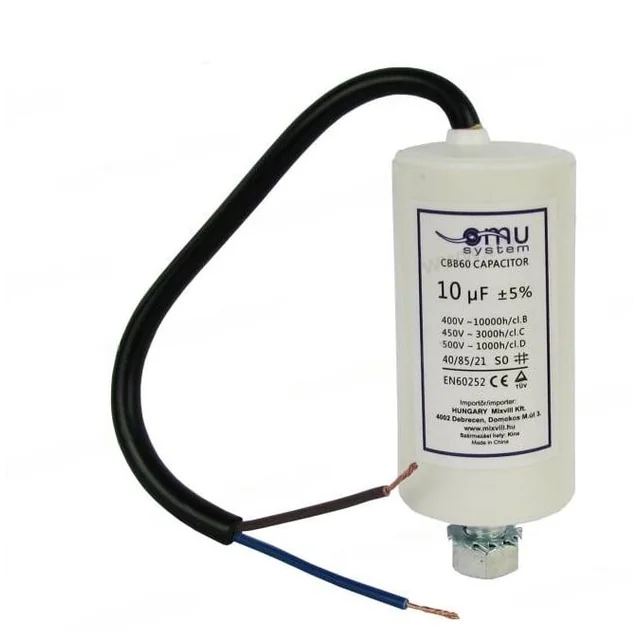 Operating capacitor 10μF 450V AC with screw cable M8 with thread nut of 20cm