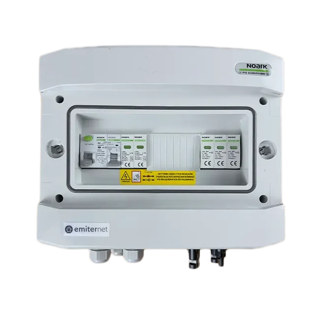 PV switchboard connectionDCAC hermetic IP65 EMITER with DC surge arrester Noark 1000V type 2, 2 x PV chain, 2 x MPPT // limit.AC Noark type 2, 20A 1-F, RCD 40A/300mA